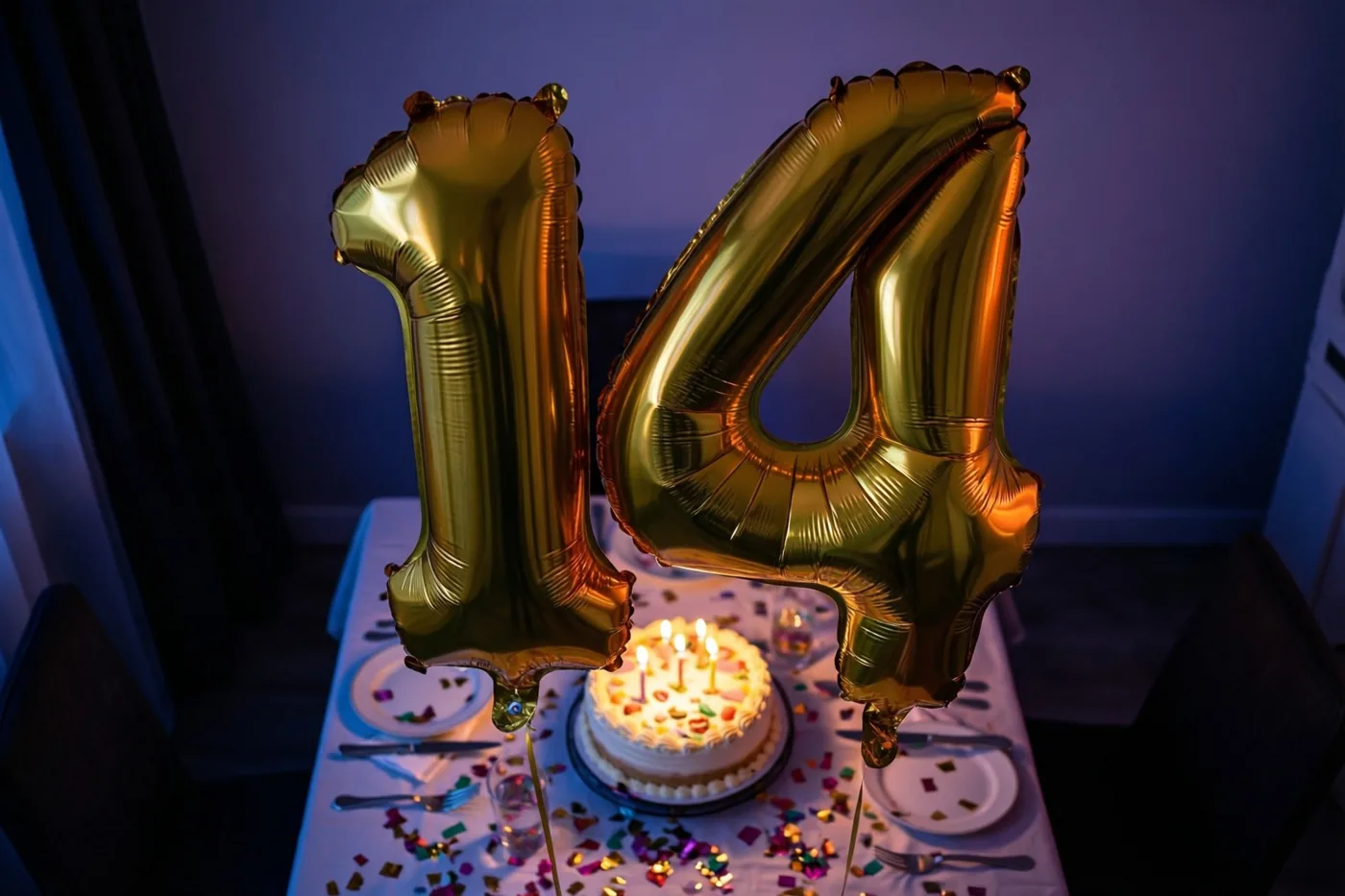 Twee grote gouden folieballonnen vormen 14 boven een feesttafel met taart, confetti en brandende kaarsen tegen een donkerblauwe achtergrond.