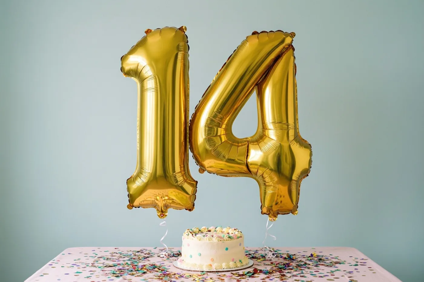 Twee grote gouden folieballonnen vormen 14 boven een tafel met kleurrijke confetti en een kleine taart tegen een effen lichtblauwe achtergrond.
