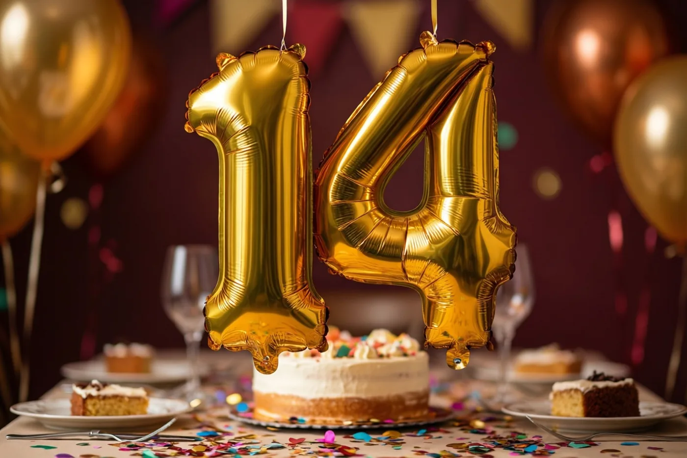 Grote gouden folieballonnen vormen 14 boven een tafel met kleurrijke confetti en taart, tegen een donkere achtergrond met andere ballonnen en feestversiering.