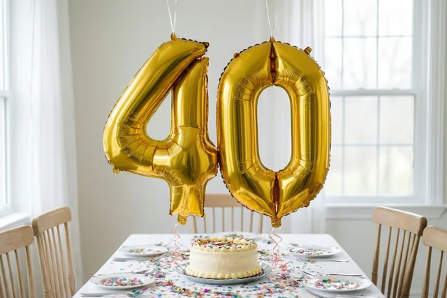 Grote gouden folieballonnen vormen 40 boven een tafel met taart en confetti in helder daglicht uit de ramen.