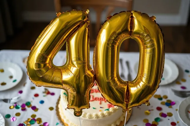Twee grote glanzende gouden folieballonnen vormen 40 boven een wit tafelkleed met kleurrijke confetti en een deels zichtbare taart met wit glazuur.