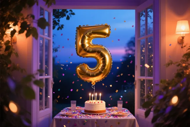 Een grote gouden folieballon in de vorm van een 5 zweeft boven een tafel met taart en confetti bij een open raam in de schemering, in paarse en gouden tinten.