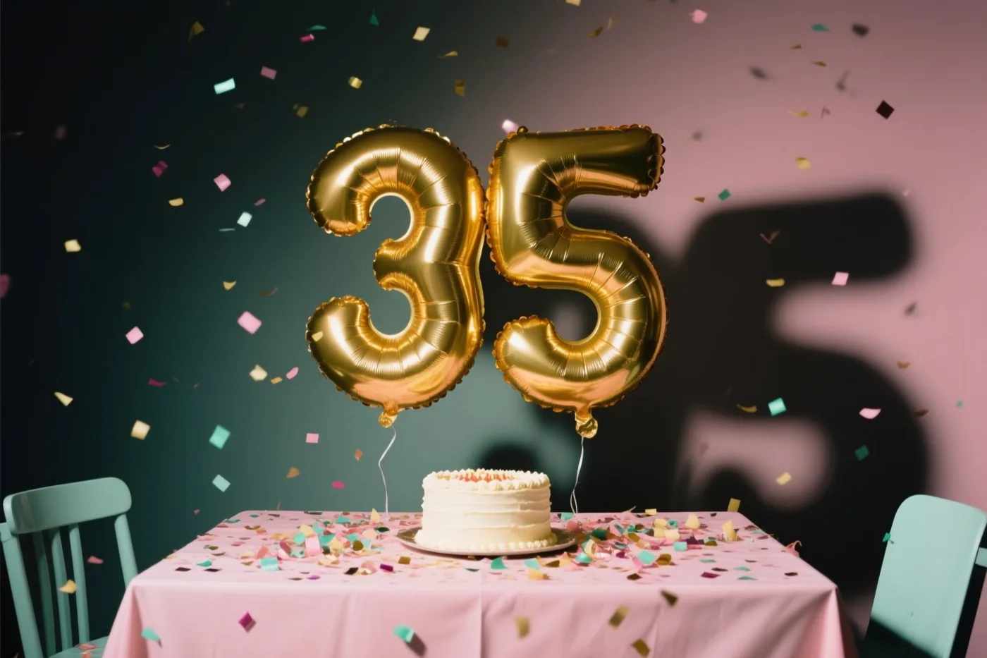 Gouden folieballonnen vormen 35 boven een tafel met een roze kleed, confetti en een witte taart, tegen een donkere achtergrond met vallende confetti.