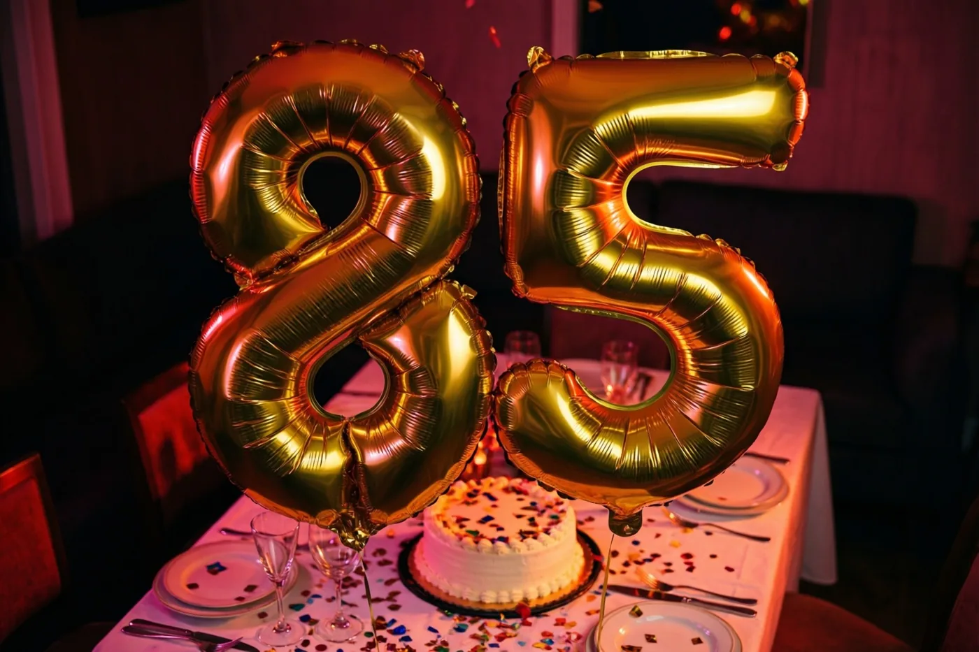 Twee grote glanzende gouden folieballonnen vormen 85 boven een feestelijk gedekte tafel met taart en confetti in warm licht.