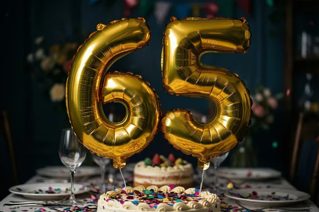 Grote gouden folieballonnen vormen 65 boven een feesttafel met taart, borden en confetti, in warm licht tegen een donkere achtergrond.