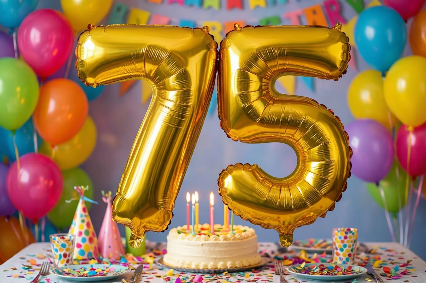 Gouden folieballonnen vormen 75 boven een tafel met confetti en een taart met brandende kaarsjes, met gekleurde ballonnen en feestversiering erachter.