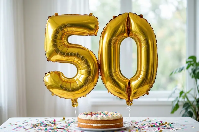 Grote gouden folieballonnen vormen 50 boven een tafel met taart en confetti, binnen bij een raam met daglicht.