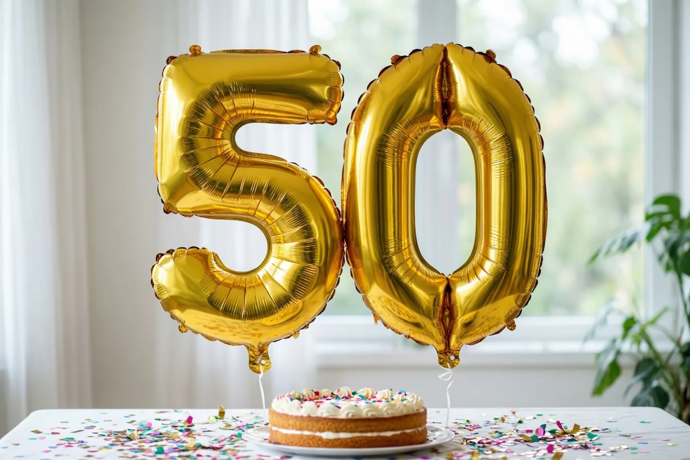 Grote gouden folieballonnen vormen 50 boven een tafel met taart en confetti, binnen bij een raam met daglicht.