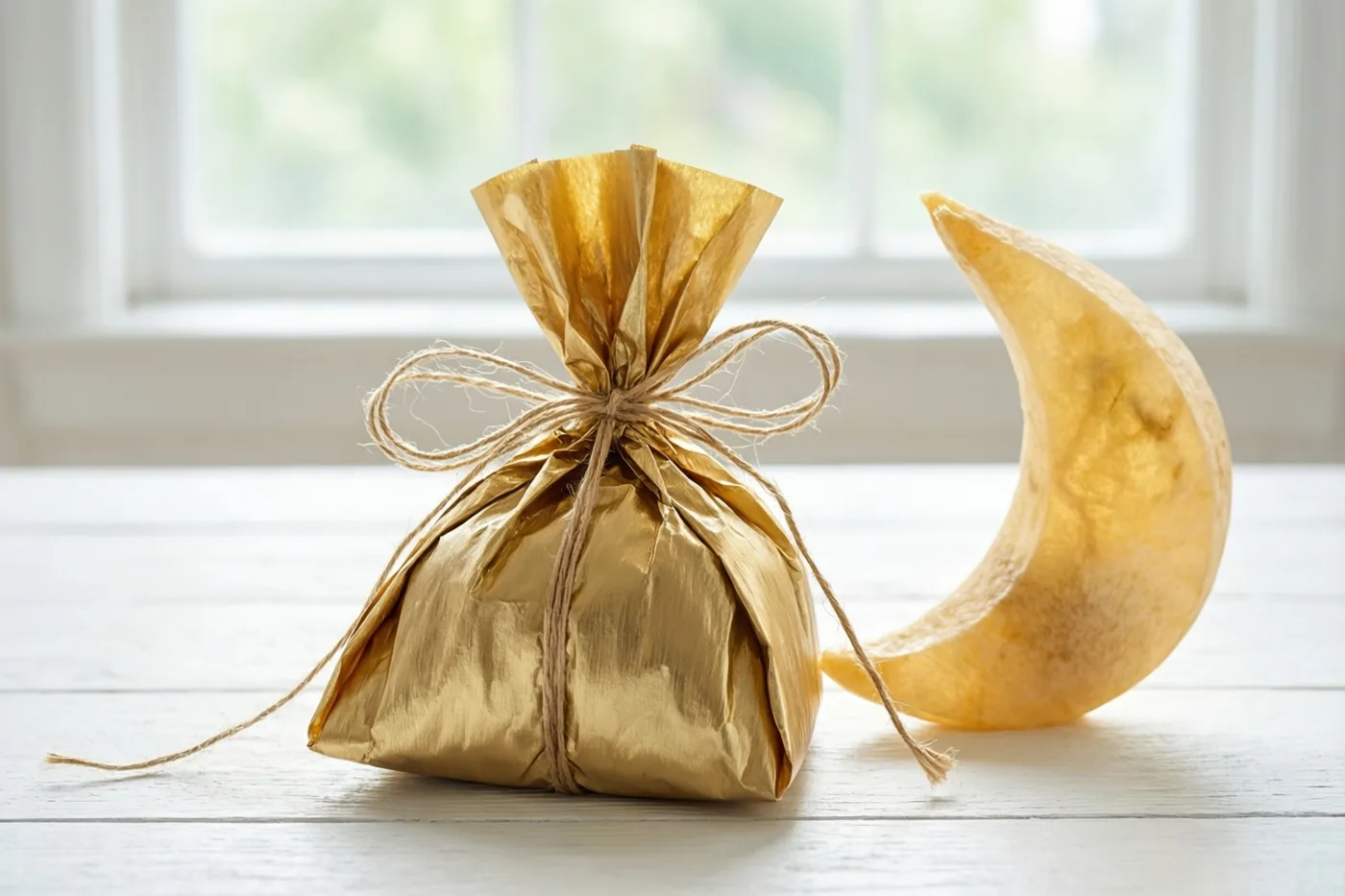 Een voedselpakket in glanzend goudpapier met een touwtje ligt op een wit houten oppervlak naast een maansikkellantaarn, met natuurlijk licht van een raam op de achtergrond.