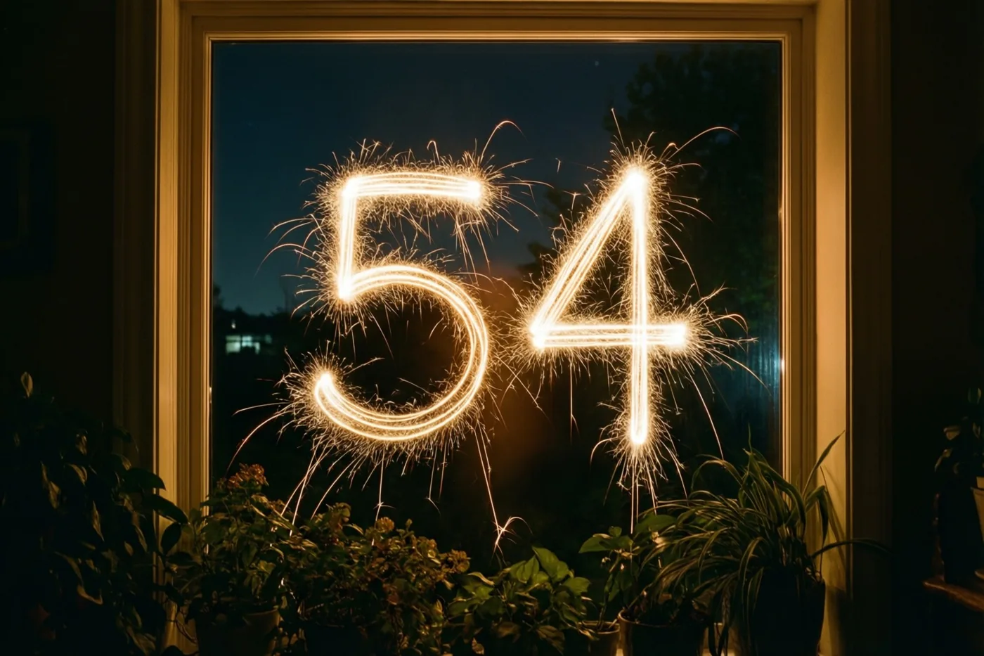 Door een warm houten raamkozijn is het getal 54 van gloeiende gouden lichtsporen van sterretjes tegen een donkere nachthemel te zien.