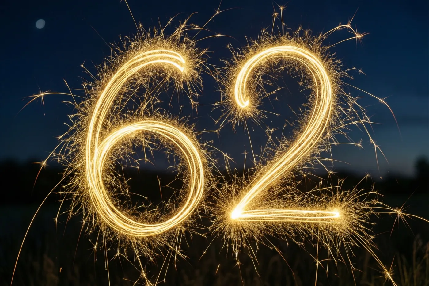 Gouden vonkensporen vormen 62 tegen een donkerblauwe nachtelijke hemel met een vaag zichtbare maan.