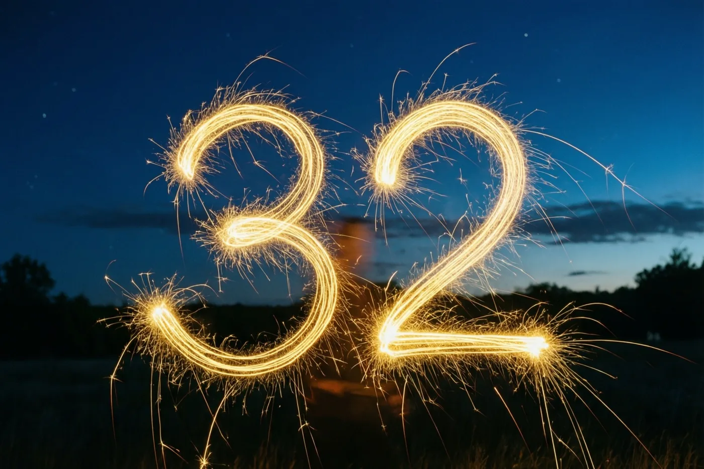 Gouden lichtsporen van sterretjes vormen 32 tegen een donkerblauwe nachtlucht met silhouetten van bomen.