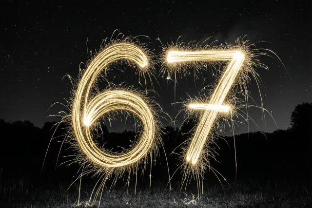 Gouden lichtsporen van sterretjes vormen het getal 67 tegen een sterrenhemel boven een grasveld, met donkere silhouetten van bomen op de achtergrond.