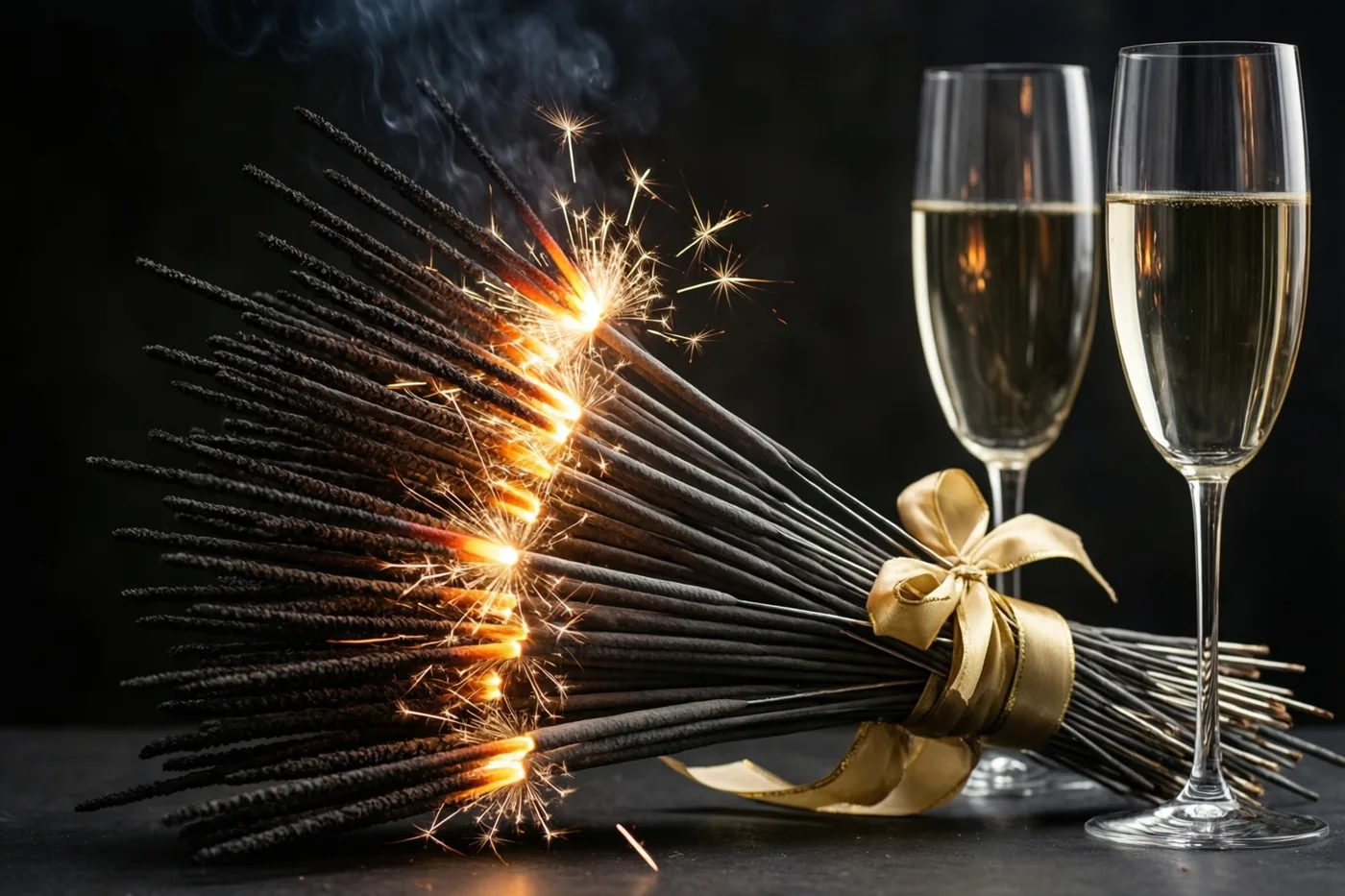 Een bundel sterretjes met een gouden lint ligt naast twee champagneglazen op een donkere ondergrond, met gouden vonken tegen een zwarte achtergrond.