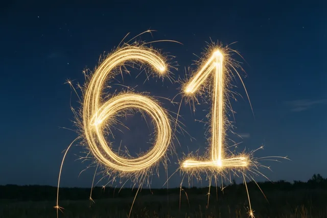 Gouden lichtsporen van sterretjes vormen 61 boven een grasveld onder een diepblauwe nachthemel met zwakke sterren.