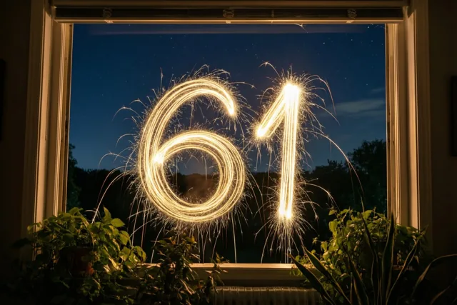 Gouden vonkensporen vormen 61 aan een sterrenhemel, gezien door een raam met kamerplanten ernaast.