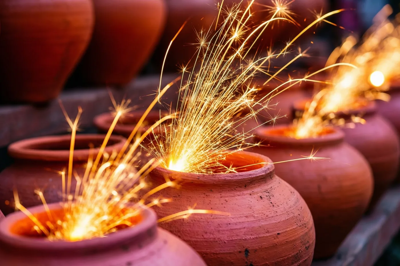 Uit een rij terracotta potten spatten gouden vonken van sterretjes tegen een zacht vervaagde achtergrond in warme oranje en rode tinten.