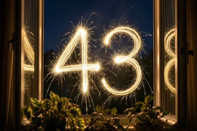 Door een open raam met ruiten en kamerplanten is 43 in gouden lichtsporen van sterretjes tegen de donkere nachthemel te zien.