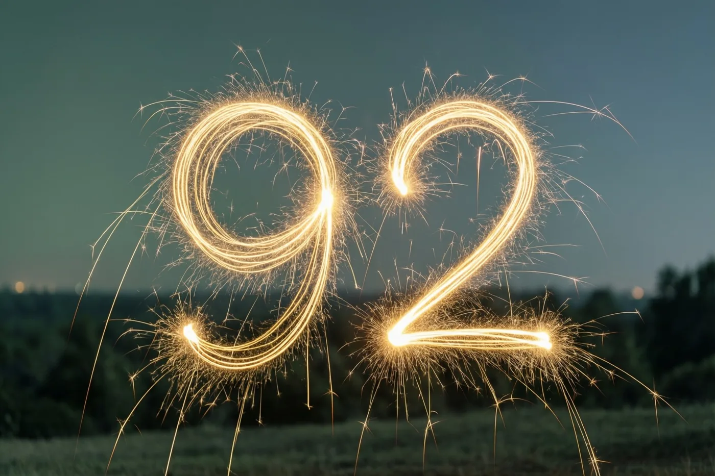 Gouden lichtsporen van sterretjes vormen 92 tegen een donkere schemerlucht, met vaag zichtbare bomen op de achtergrond.