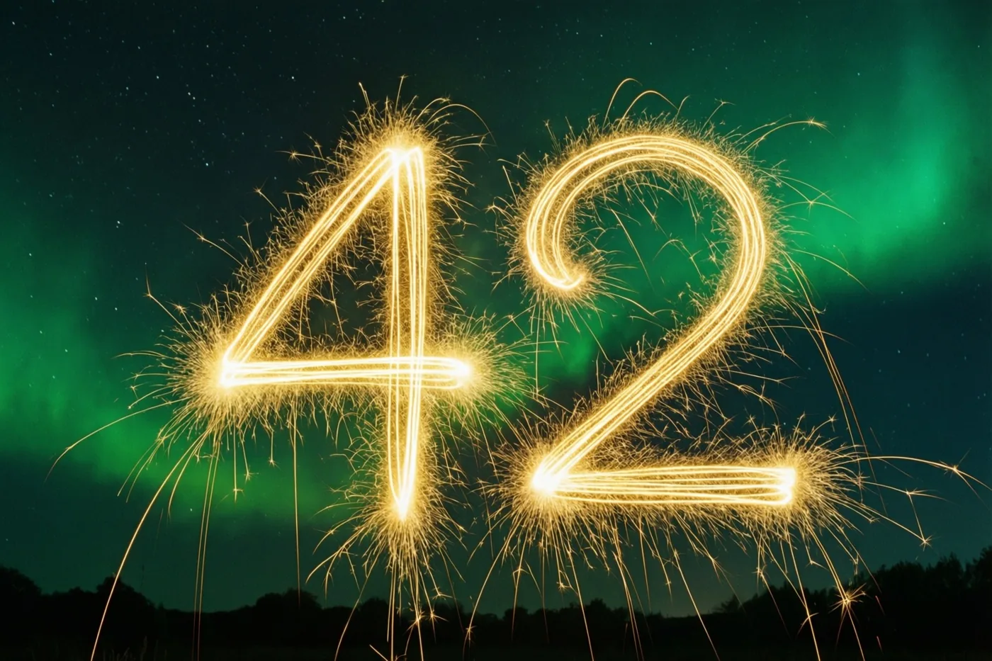 Gouden lichtsporen van sterretjes vormen 42 tegen een nachthemel met groen noorderlicht en sterren.