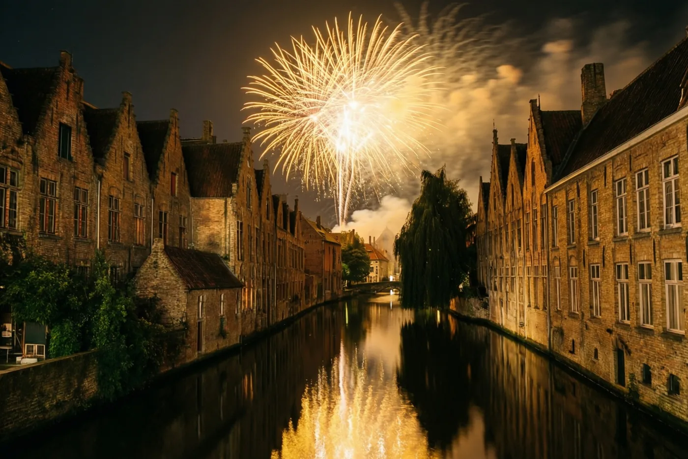Gouden vuurwerk verlicht de nachthemel boven een vaart met historische trapgevelhuizen en glinstert in het water.