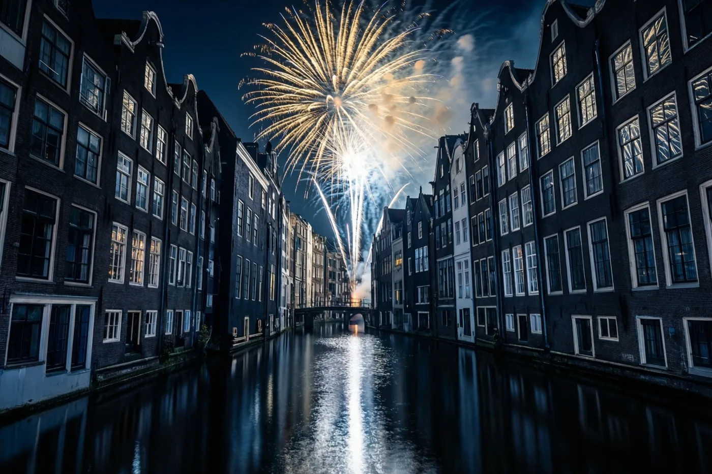 Gouden vuurwerk barst los boven een vaart met historische trapgevelhuizen en weerspiegelt in het donkere water, naast het warme licht uit de ramen.