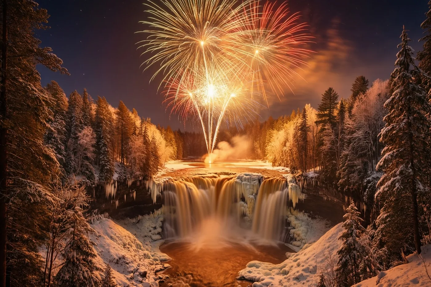 Vuurwerk barst 's nachts los boven een trapsgewijze waterval in een besneeuwd bos, met warm goudkleurig en oranje licht tegen een donkerblauwe hemel.