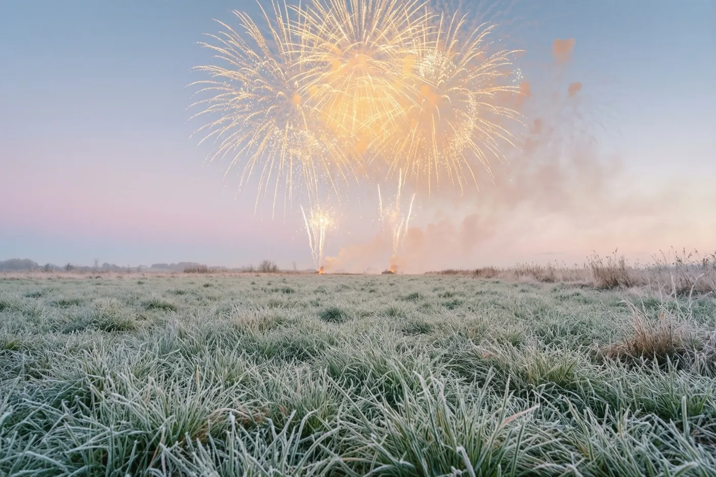 Goudkleurig vuurwerk barst los boven een berijpte weide onder een schemerhemel in zachte pasteltinten.