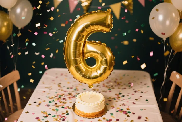 Een grote glanzende gouden cijferballon 6 zweeft boven een klein wit taartje op een tafel vol confetti, voor een donkergroene muur met ballonnen en feestversiering.