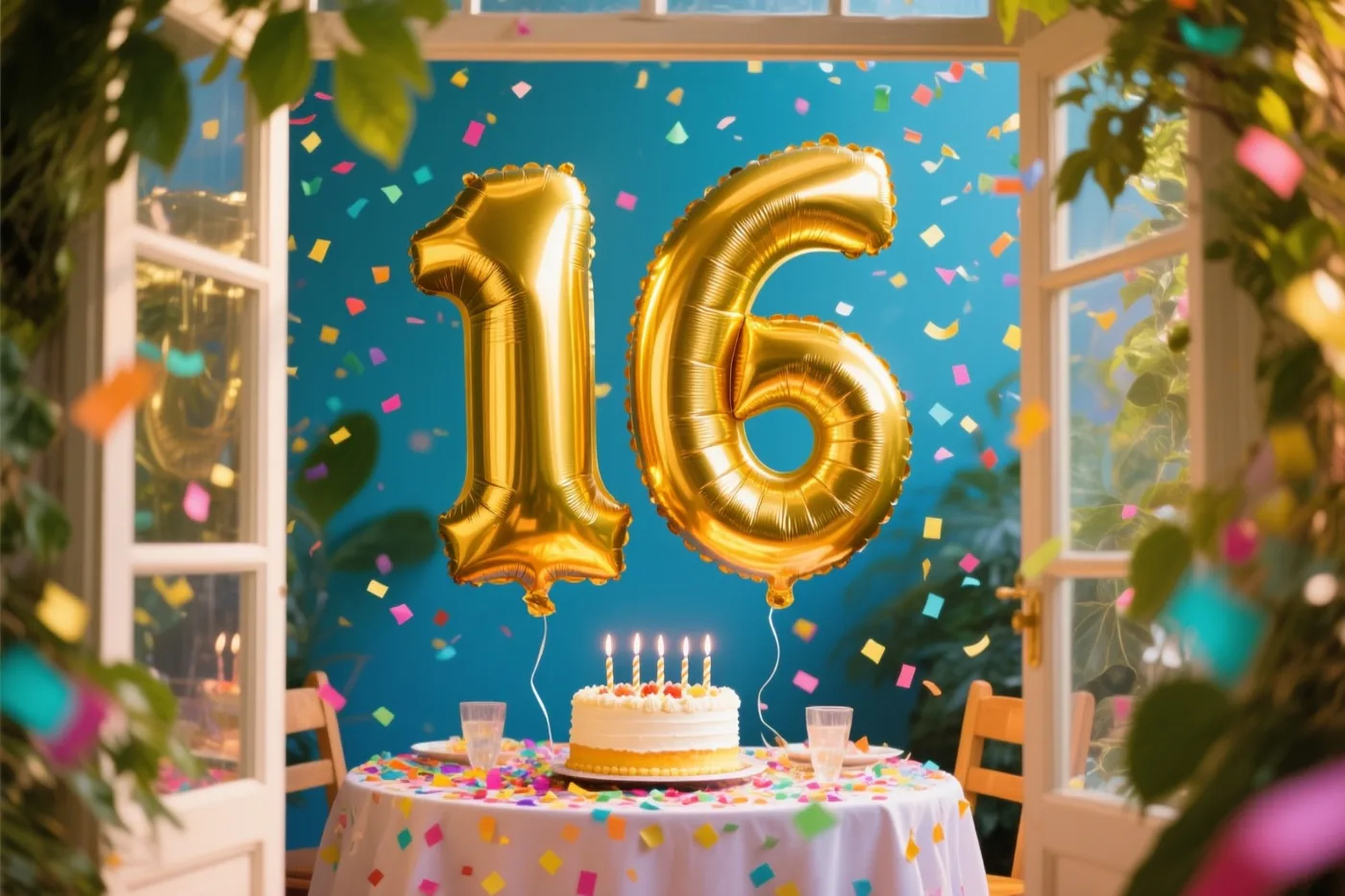 Grote goudkleurige folieballonnen vormen 16 boven een tafel met taart en confetti buiten bij een raam met groen, in overwegend gouden, witte en blauwe tinten.