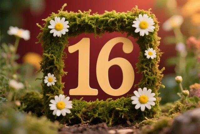Een goudkleurige 16 staat in een groen moskader met witte madeliefjes in een landelijke tuin, tegen een warmrode onscherpe achtergrond.
