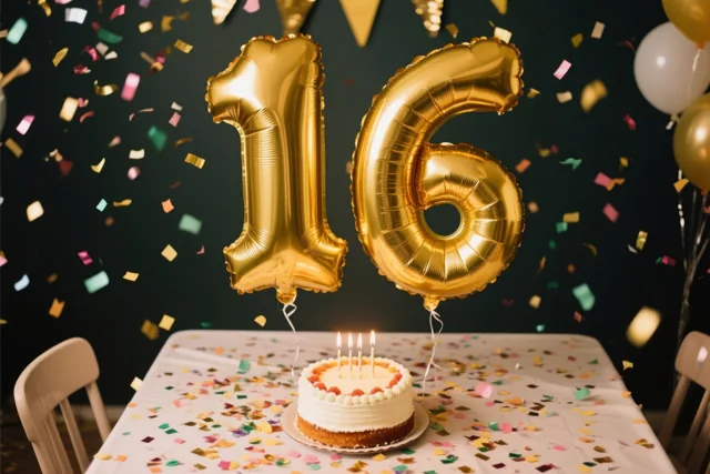 Grote goudkleurige folieballonnen vormen 16 boven een tafel met kleurrijke confetti en een kleine taart met brandende kaarsjes, tegen een donkere achtergrond met vallende confetti.