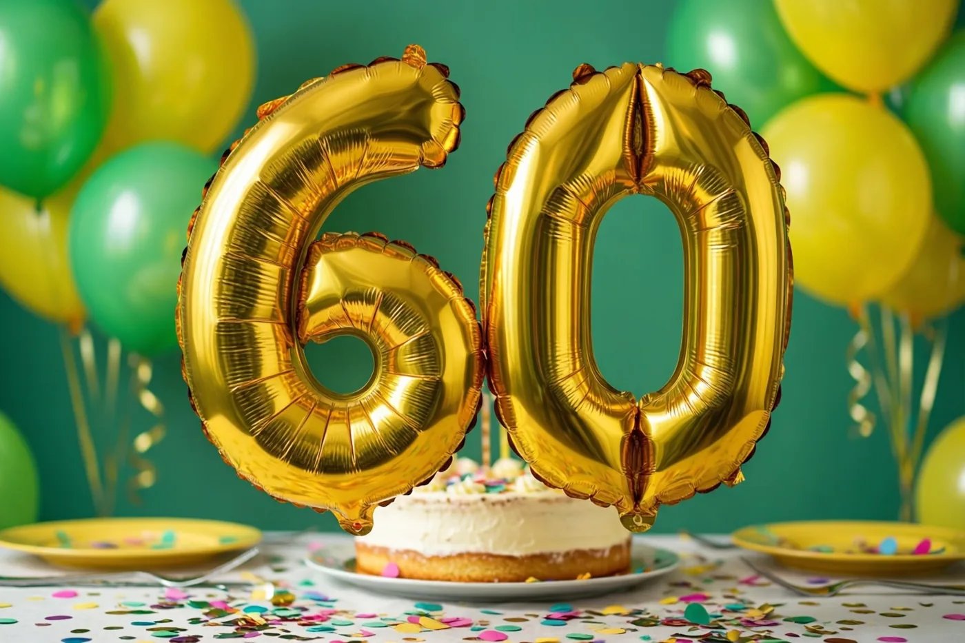 Gouden folieballonnen vormen 60 boven een tafel met taart en kleurrijke confetti, tegen een groene achtergrond met groene en gele ballonnen.