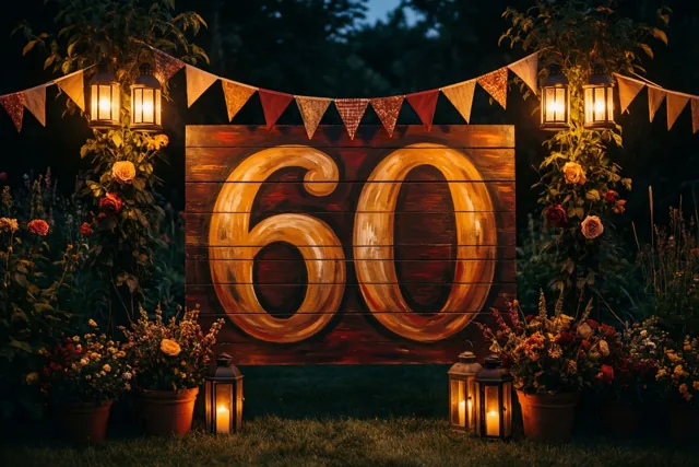 Een houten bord met 60 in goudkleurige verf staat 's nachts in een tuin tussen lichtgevende lantaarns, kleurrijke vlaggetjes, potbloemen en rozen.