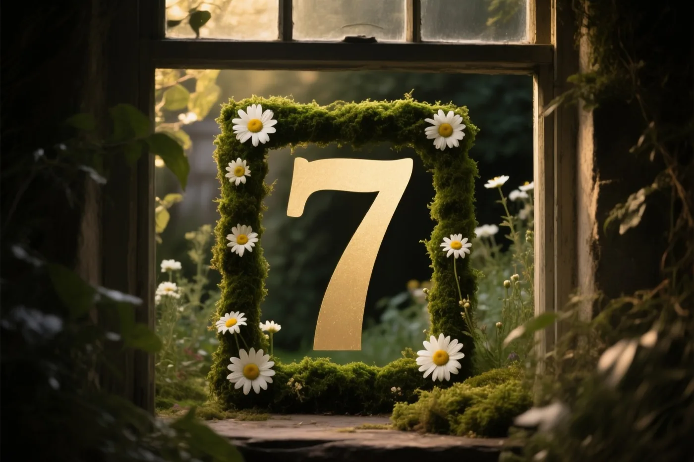 Door een rustiek houten raam zie je een gouden 7 in een vierkante lijst van groen mos met witte madeliefjes, in een zonnige tuin.