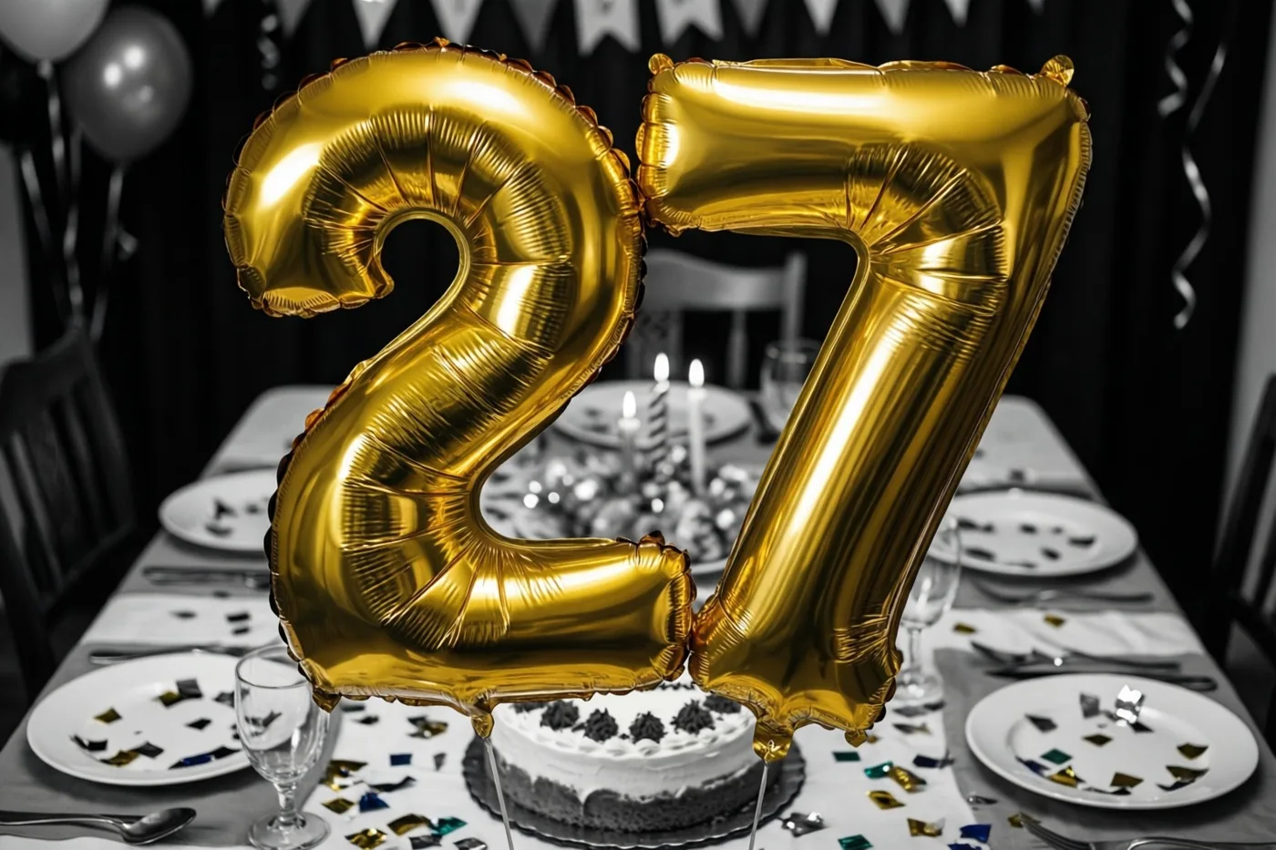 Grote gouden folieballonnen vormen 27 boven een feesttafel met confetti en een taart, tegen een donkere achtergrond met zwarte en witte feestversiering.