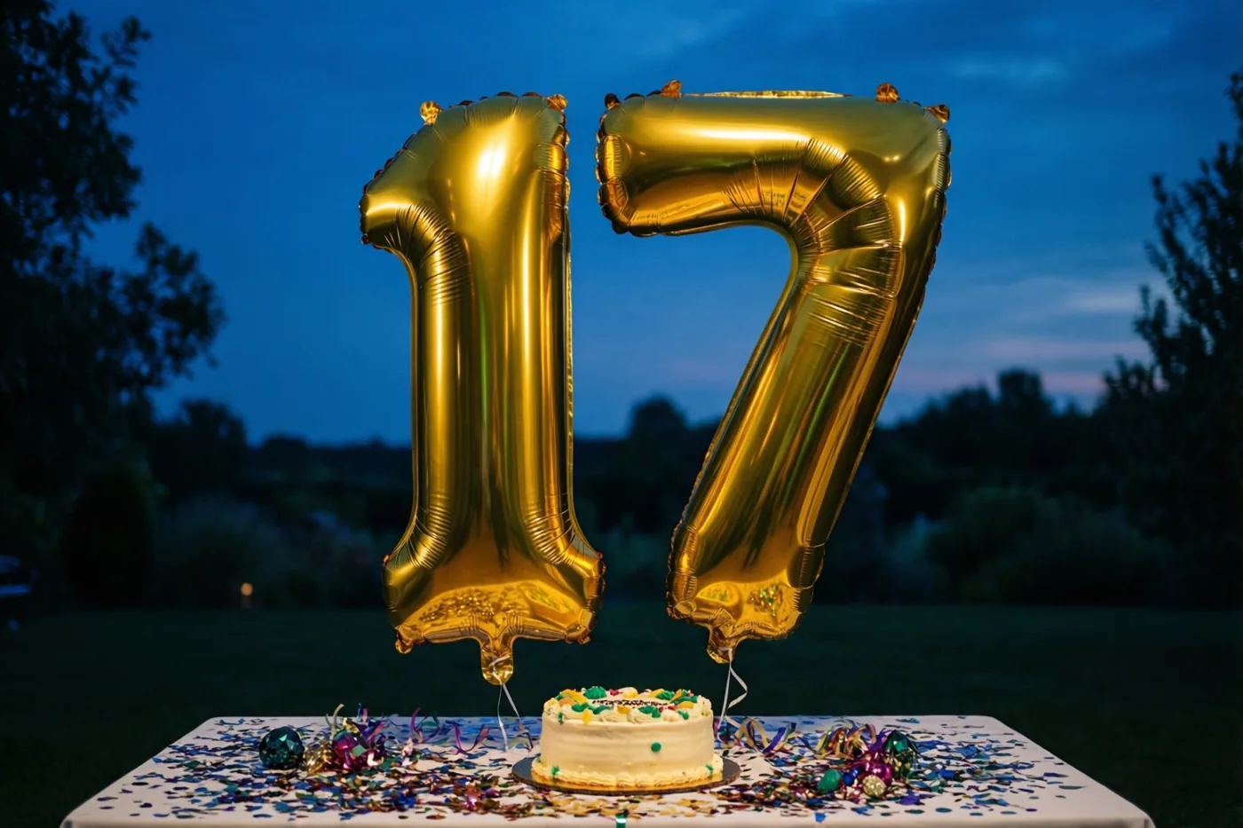 Twee grote gouden folieballonnen vormen 17 boven een tafel met confetti en een kleine taart, buiten bij schemering met een donkerblauwe hemel en bomen op de achtergrond.