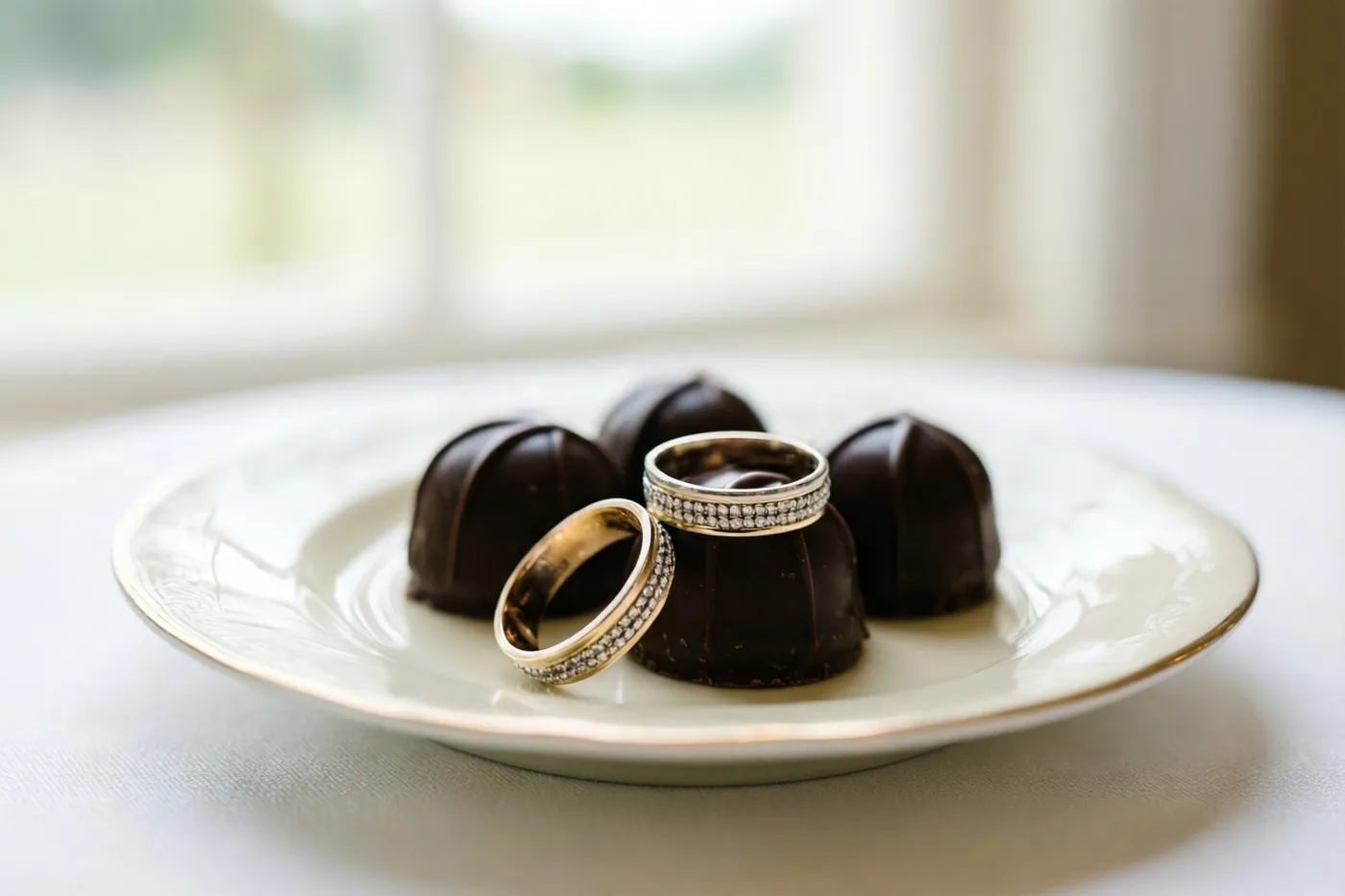 Een gouden trouwring en een zilveren trouwring met diamanten liggen naast donkere chocoladetruffels op een wit bord, met een onscherp raam op de achtergrond.