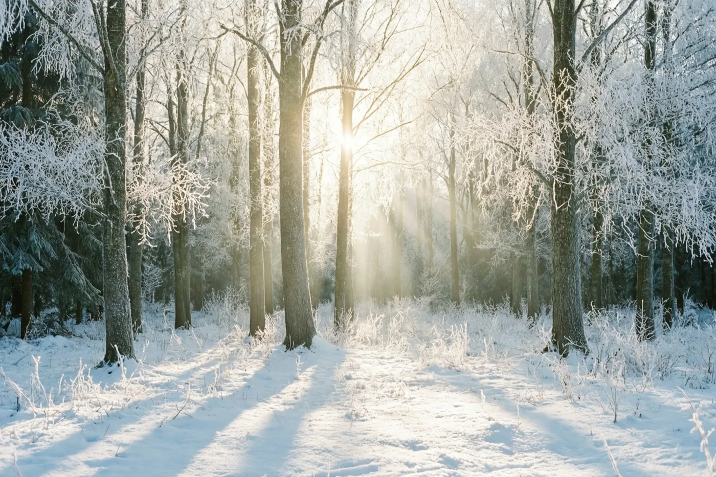 Gouden zonlicht valt door berijpte boomtakken op een besneeuwde open plek in het bos en contrasteert met de koele tinten van sneeuw en rijp.