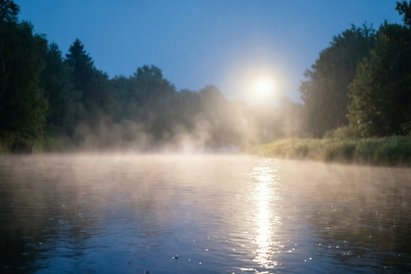 Een kalme rivier met opstijgende mist en bomen langs de oevers weerspiegelt het gouden licht van de opkomende zon onder een blauwe hemel.