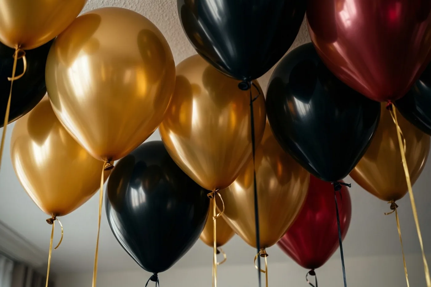 Glanzende gouden, zwarte en rode ballonnen zweven tegen een effen wit plafond.