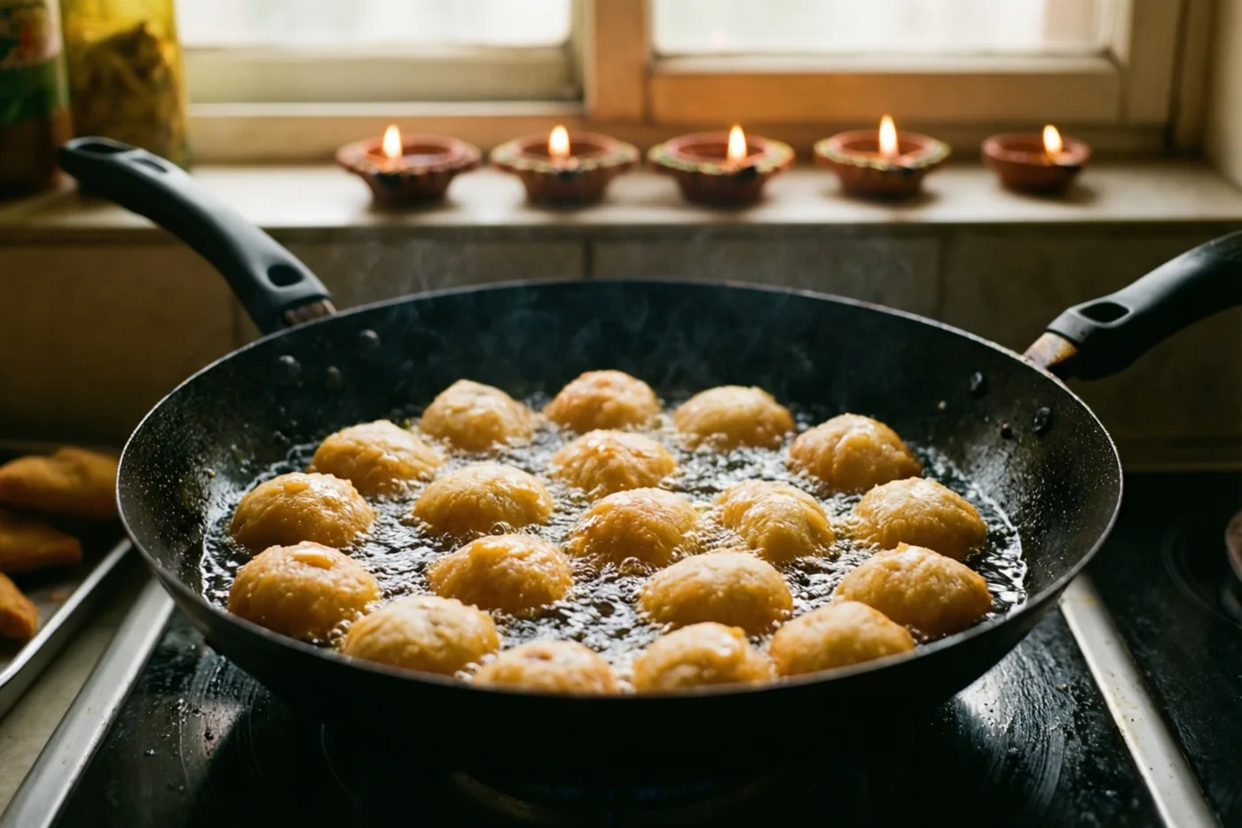 Goudgele gujiya bakken in een zwarte pan op het fornuis, met brandende olielampjes op de vensterbank op de achtergrond.