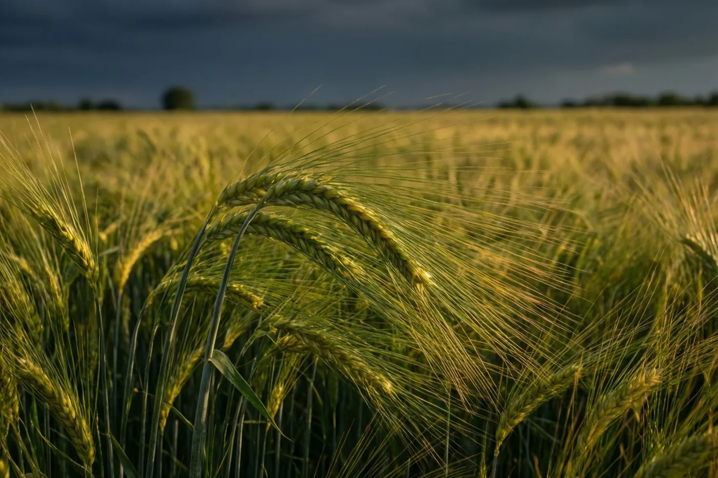 Goudgele en groene tarwehalmen buigen in de wind, van dichtbij gefotografeerd tegen een donkere wolkenhemel.