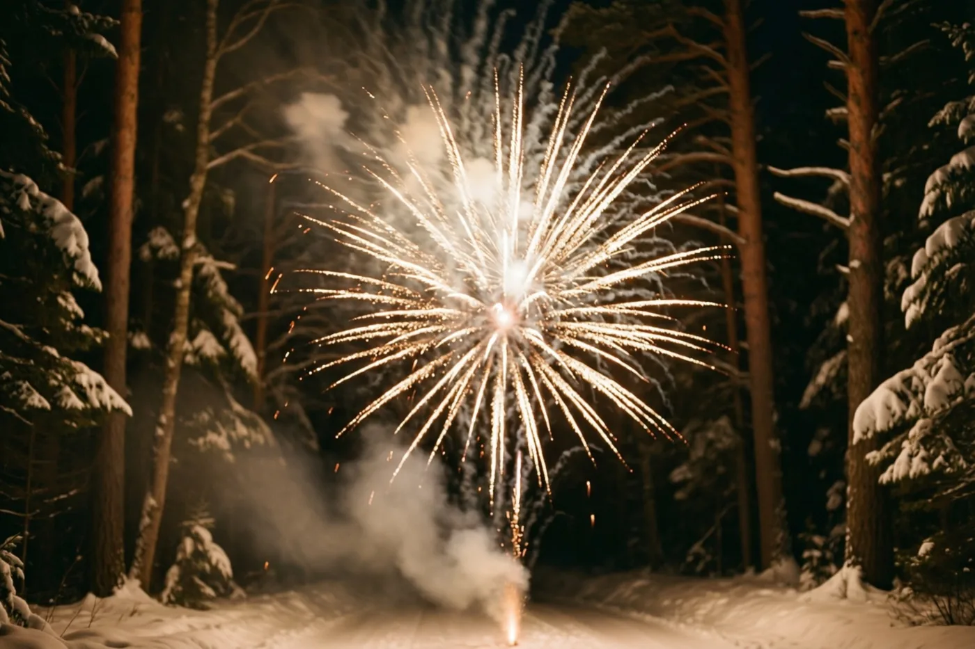 Goudgele vuurwerkvonken en witte rook verlichten de nachthemel boven donkere, besneeuwde bomen.