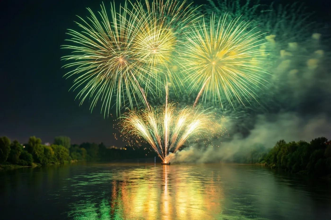 Vuurwerk werpt gouden en groene weerspiegelingen op een brede rivier tussen donkere, met bomen begroeide oevers onder een nachthemel.