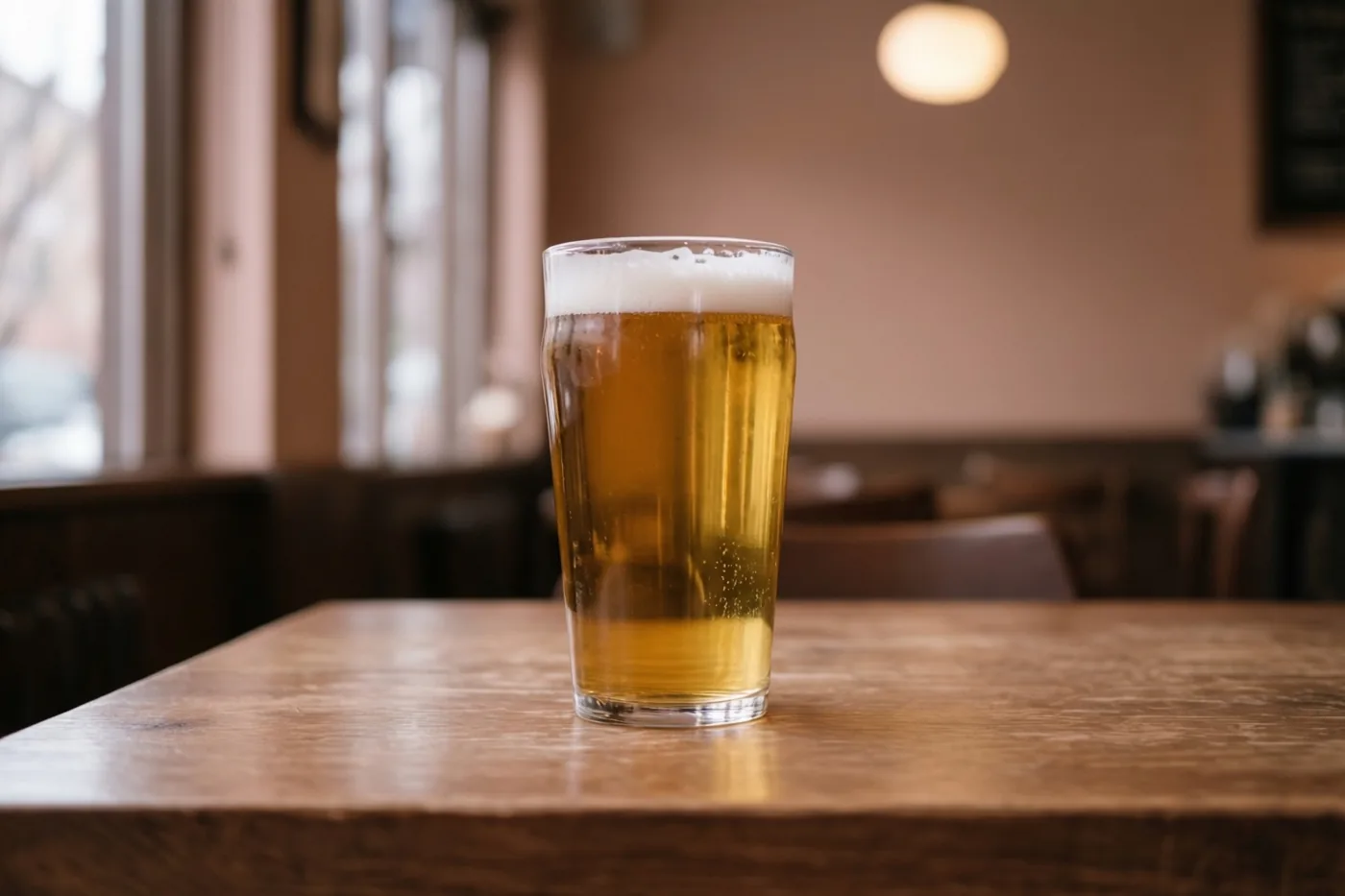Een hoog glas goudkleurig bier met een witte schuimkraag staat op een houten tafel in een café met een wazige, warmbruine achtergrond.