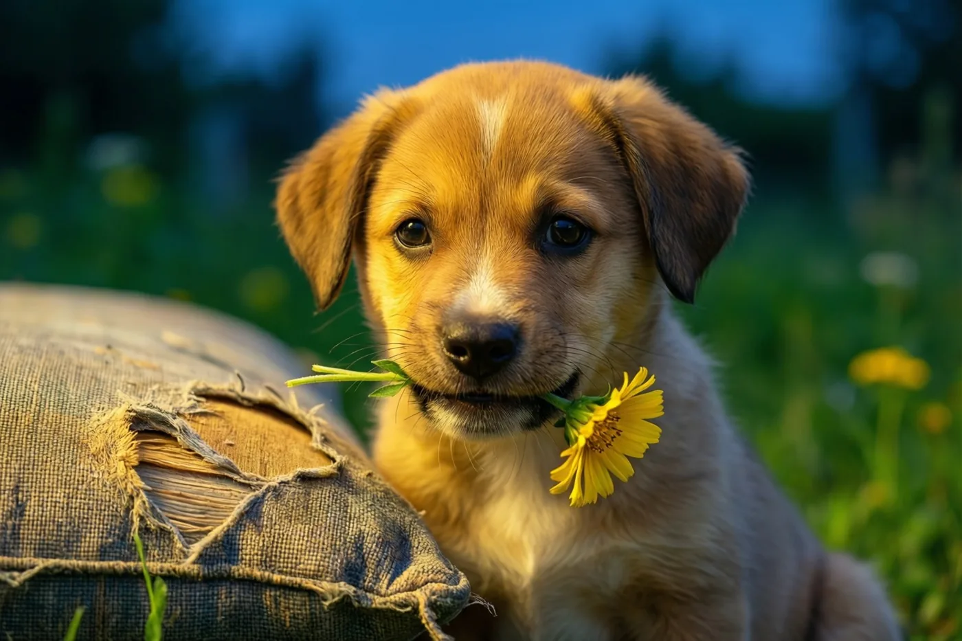 Een kleine goudkleurige puppy zit in het gras met een gele bloem in zijn bek naast een versleten, gescheurd kussen, in warm licht tegen een wazige groen-blauwe achtergrond.
