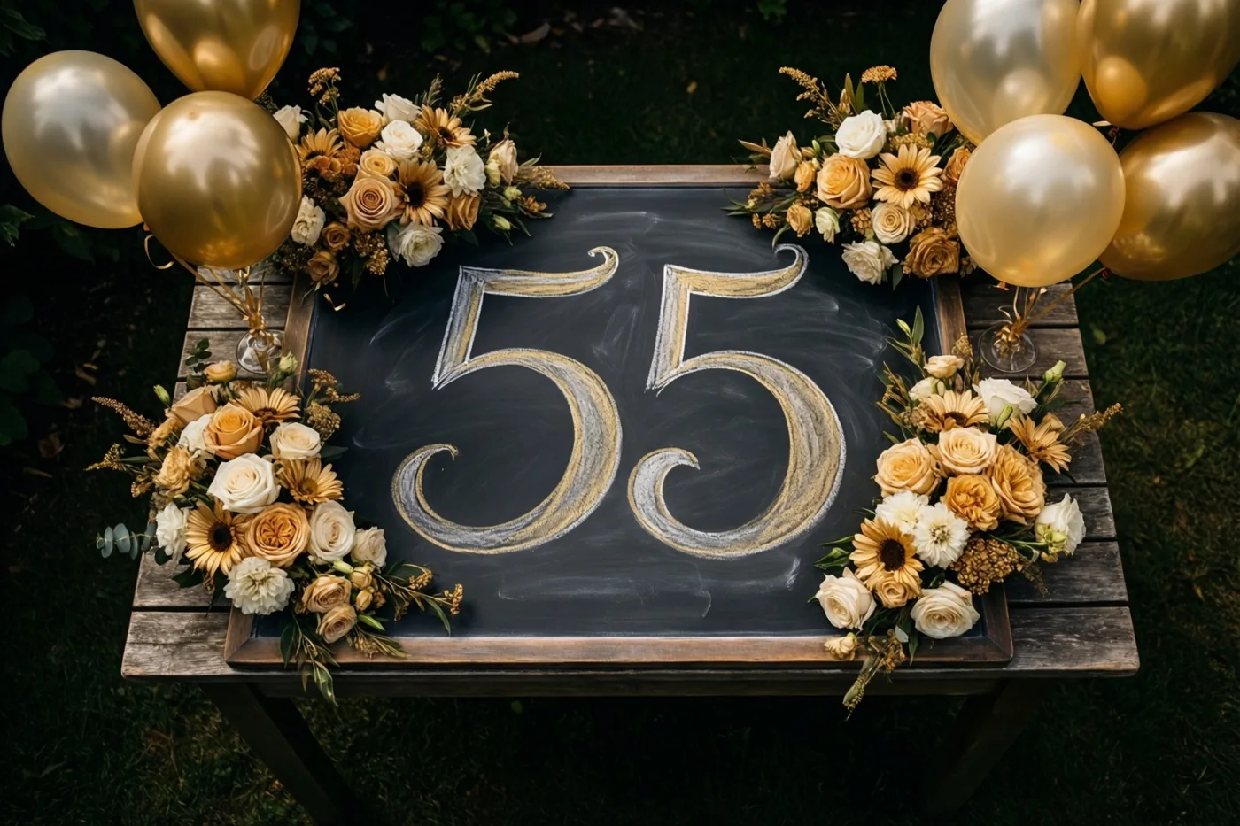 Een krijtbord met 55 in sierlijk goudkleurig en wit krijt staat op een houten tuintafel tussen bloemstukken en gouden ballonnen, met gras rondom.