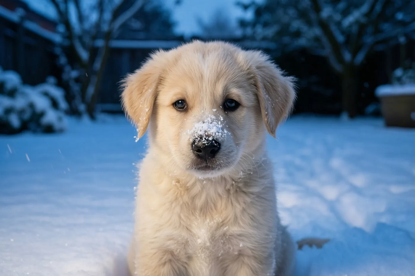 Een pluizig goudkleurig puppy met sneeuwvlokken op zijn neus zit in een besneeuwde tuin in koele blauwe tinten.