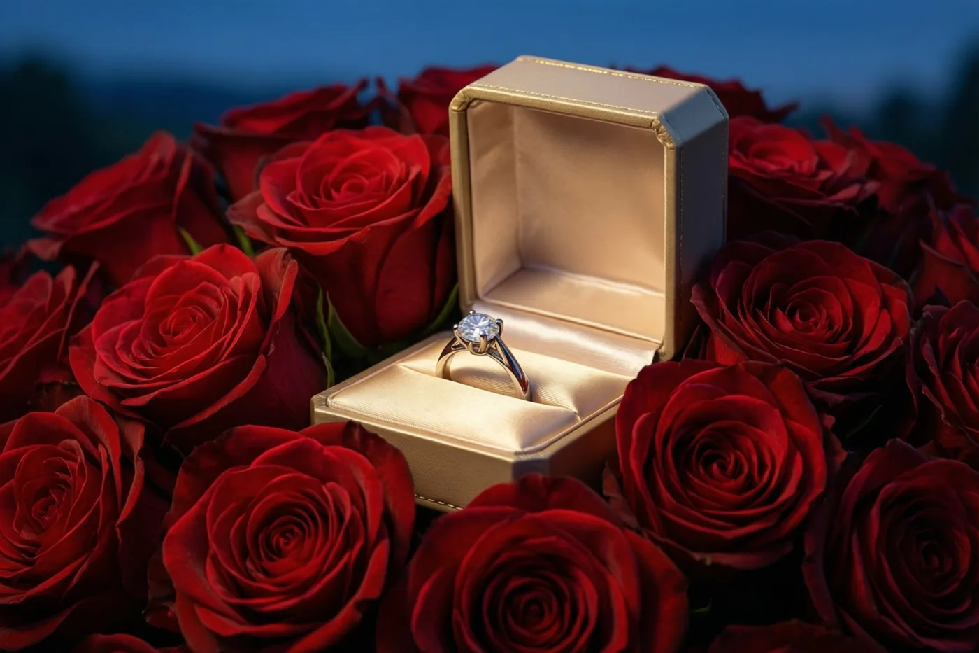 Een open goudkleurig doosje met een ring met één diamant ligt tussen dieprode rozen tegen een donkerblauwe schemerachtergrond.